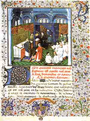 در این مینیاتور (مربوط به ۱۴۶۰)، اثر یکی از شاگردان ژانلو تاورنیه (Jean le Tavernier) اجراء یک مس در دربار فیلیپ (معرفو به صالح یورگندی) دیده میشود.