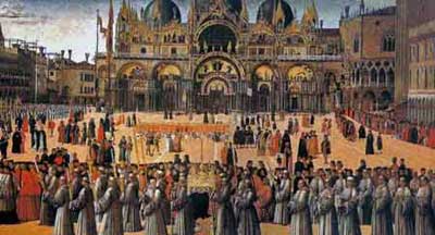 مراسم مذهبی در میدان سان مارکو، اثر جنتیله بلینی (Gentile Bellini، حدود ۱۵۰۷ - ۱۴۴۹) کلیسای جامعسان مارکو کانون موسیقی ونیز بود.