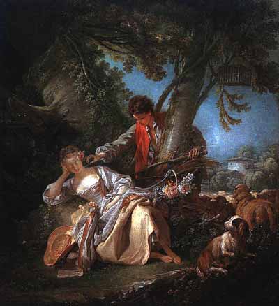 خواب از هم گسیخته (۱۷۵۰)، اثر فرانسوا بوشه (Francois Boucher)، در گذر اوایل سدهٔ هجدهم، سبک حجیم و سترگ باروک به سبک خودمانیتر روکوکو جای سپرد که رنگهائی درخشانتر، خطهائی منحنی و تزئینهائی دلپذیر داشت. بوشه، نقاش فرانسوی سبک روکوکو، برای آثارش مضمونهائی تزئینی و دلنشین را برمیگزید.