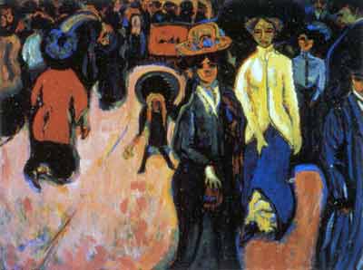 صحنهٔ خیابانی (۱۹۰۷)، اثر ارنست لودویگ کبرشنِر (Ernst Ludwig Kirchner). نقاشان اکسپرسیونیست آلمان برای القای تنش و اضطراب روح انسان، به تحریف آزادانهٔ شمایل انسان و استفاده از رنگهائی تند رو آوردند. آرلوند شونبرگ، آلبان برگ و آنتون وبرن از آهنگسازان اکسپرسیونیست هستند.