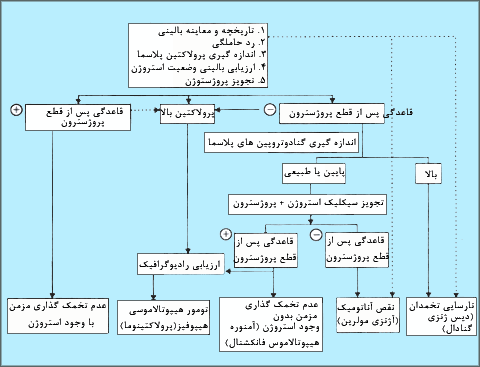 نمودار ارزيابى زنان مبتلا به آمنوره. شايعترين تشخيص هر دسته داخل پرانتز آمده است. خطوط مقطع نشاندهنده مواردى هستند که مىتوان تشخيص را با گرفتن شرح حال و معاينه بالينى تنها بهدست آورد.