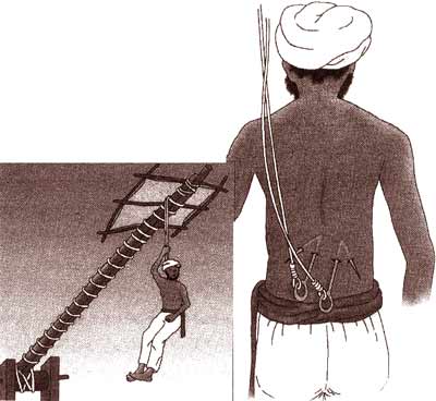 فرهنگ و درد.
سمت راست: دو چنگک فولادی بر پشت مرد برگزیده در مراسم تابخوردن بر چنگک. سمت چپ: مرد برگزیده در حالیکه گاری او را از روستائی به روستای دیگر میبرد و او با دست از طناب آویزان است. اما وقتی برای کودکان روستا سعادت و برای محصولات کشاورزی برکت میطلبد، دستهایش را رها کرده و فقط از چنگکهائی که بر پشت دارد آویزان است (اقتباس از کوسامبی - Kosambi در ۱۹۶۷).