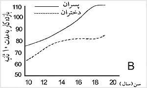 در تصوير  B نتيجهٔ حاصل از عملکرد بى‌هوازى بر وزن بدن تقسيم شده است. در

اين صورت ملاحظه مى‌شود که عملکرد بى‌هوازى با افزايش سن بهتر مى‌شود.