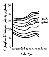 تغييرات آزمون نشستن و به جلو خم شدن در طى سنين مختلف. دختران فنلاندى در رتبههاى درصدى بالا در دوران کودکى انعطافپذيرى خود را حفظ کردند و سپس در دورهٔ نوجوانى پيشرفت داشتند. دختران در رتبهٔ درصدهاى پائين از نظر انعطافپذيرى افت داشتند و تنها در اواسط دورهٔ نوجوانى کمى پيشرفت کردند. نمرات متوسط دختران آمريکائى و هلندى با خطوط شکسته و مشخص روى نمودار منعکس شده است .