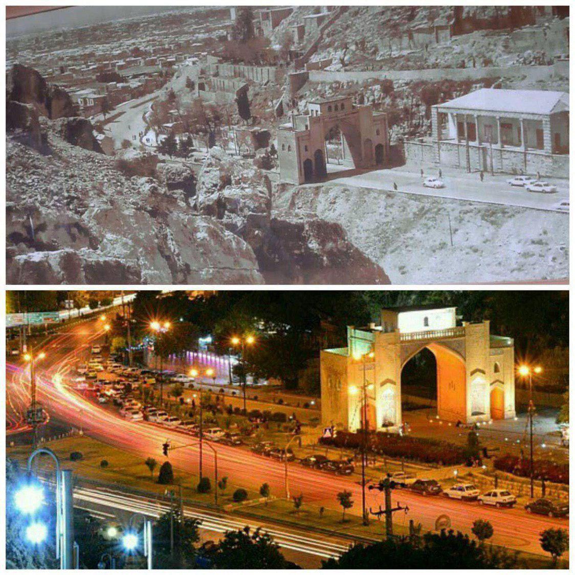 تصویر بالا دروازه شیراز در دهه ۶۰ است و تصویر پایین دروازه شیراز کنونی