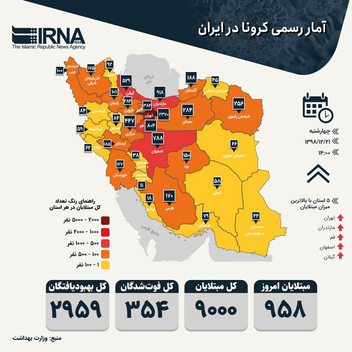 آمار رسمی کرونا در ایران (۱۳۹۸/۱۲/۲۱)