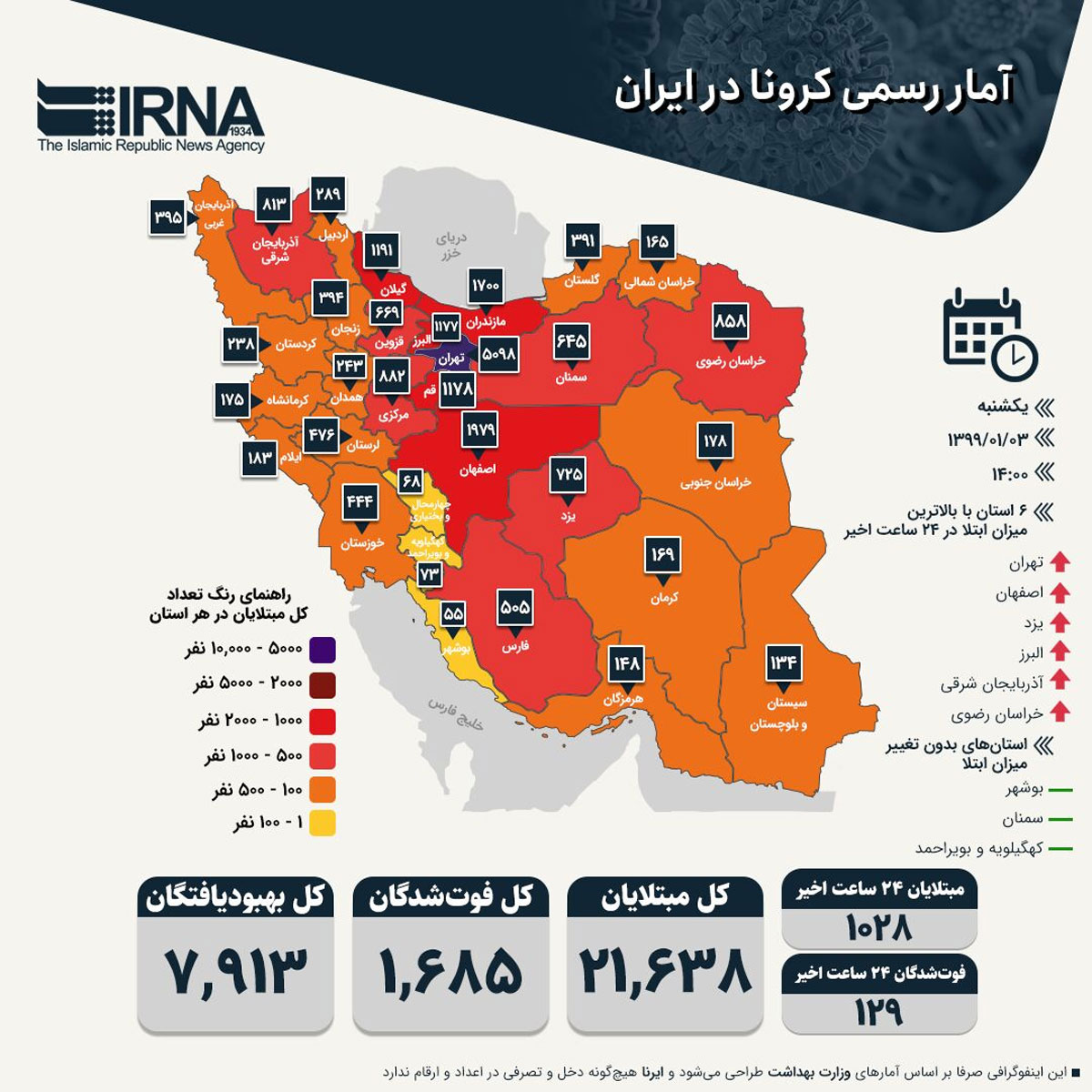 آمار رسمی کرونا در ایران (۱۳۹۹/۰۱/۰۳)