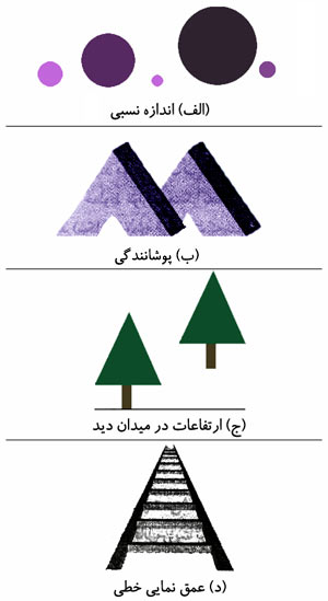 نشانه‌های یک‌چشمی فاصله. این شکل چهار نشانهٔ یک‌چشمی فاصله را نشان می‌دهد. این نشانه‌ها را نقاشان برای مجسم‌ساختن عمق (فاصله) در سطوح دوبعدی به‌کار می‌برند، و در عکس‌ها نیز نمونهٔ آنها را می‌بینیم.
